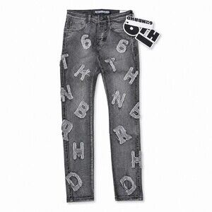6th NBRHD Piece Men’s Skinny Jeans Gray Distressed Letter Patch 28 NWT